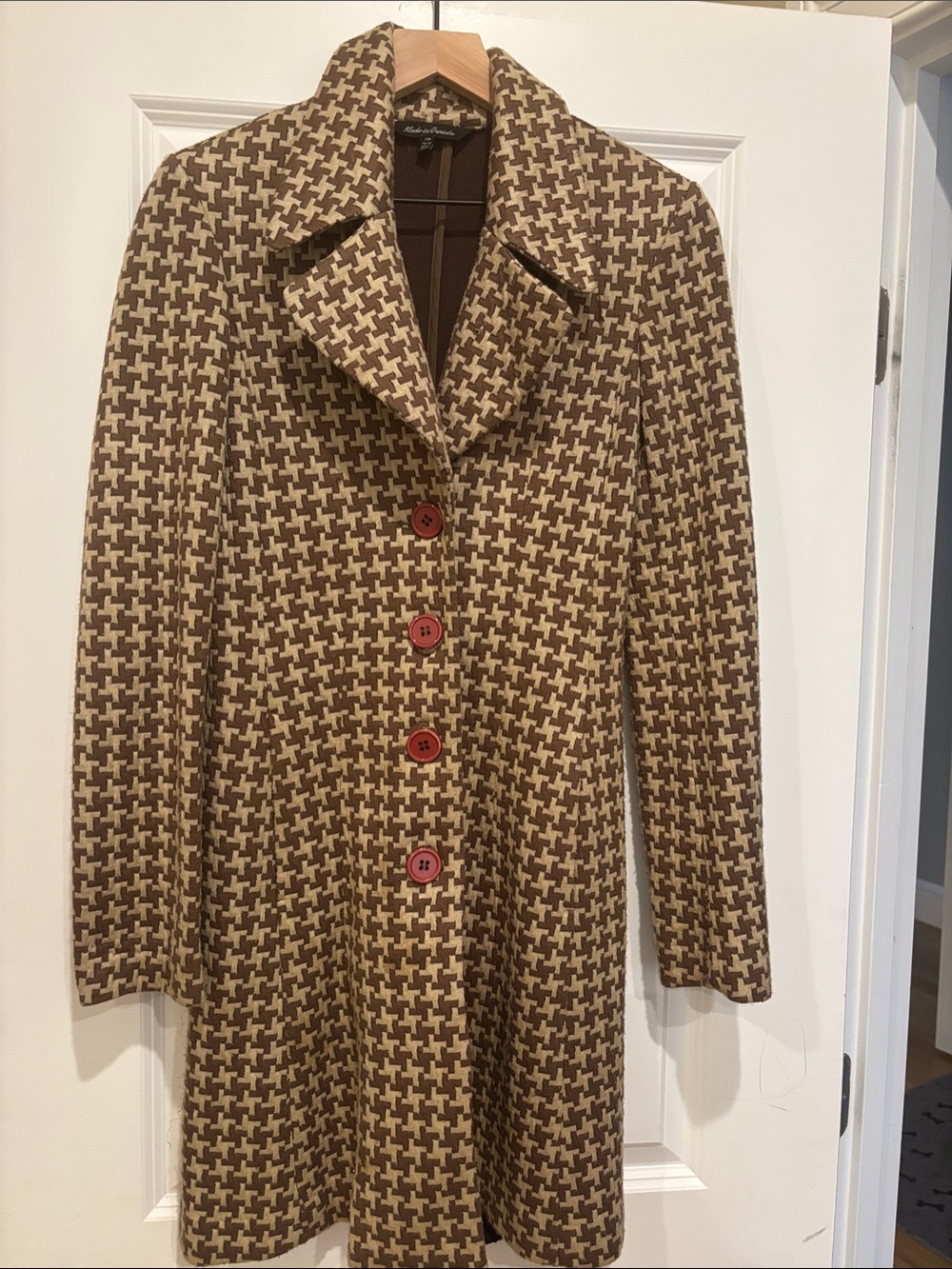 Wool Blend Brown Houndstooth Coat - Classic Women's Jacket